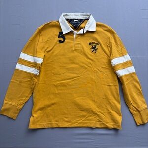 Tommy Hilfiger Yellow Long Sleeve Polo Shirt M Embroidered Logo Striped Collar